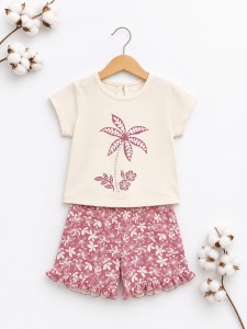 Set haine bebe fete 2 piese bumbac premium – tricou si pantaloni scurti floral - Img 2