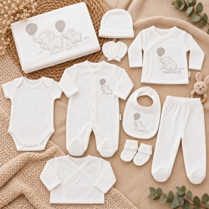Set nou nascut 10 piese bumbac alb cu elefant, paturica, salopeta, body si accesorii