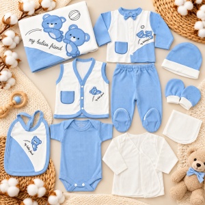 Set nou nascut 10 piese bumbac, bleu alb, ursuleti, paturica, body si accesorii bebe