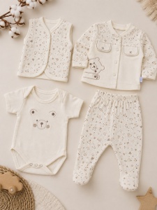 Set nou nascut 10 piese din 100% bumbac crem cu paturica, ursulet si stelute, prezentare in decor