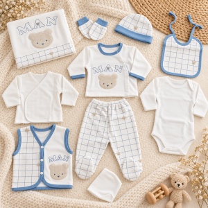 Set nou nascut 10 piese din bumbac, alb albastru, ursulet, carouri, paturica si accesorii