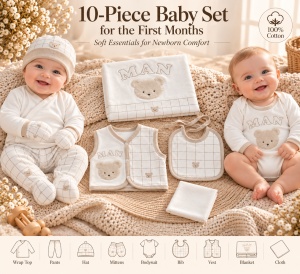 Set nou nascut 10 piese din bumbac, crem bej, ursulet, carouri, paturica si accesorii - Img 6