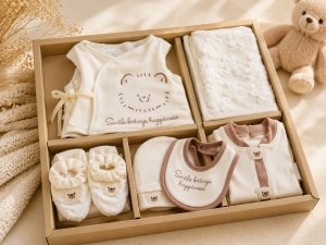 Set nou-nascut 10 piese din bumbac organic crem cu maro si ursulet, prezentare in decor