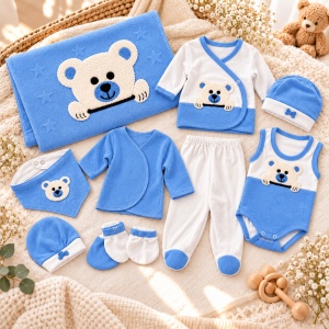 Set nou-nascut 10 piese din bumbac organic, paturica, body, pantaloni si accesorii, model ursulet, albastru