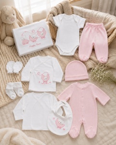 Set nou nascut 10 piese roz Happy Bear, bumbac moale pentru fetite