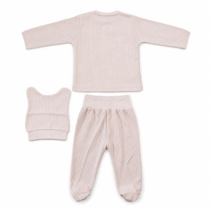 Set nou nascut 3 piese din bumbac roz cu iepuras, bluzita, pantaloni cu botosei si caciulita - Img 4