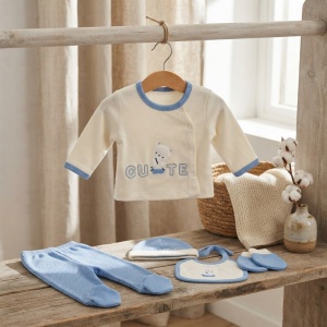 Set nou-nascut 5 piese bumbac alb si bleu cu ursulet Cute si pantaloni cu botosei integrati