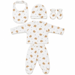 Set nou nascut 5 piese cu ursuleti, bluza, pantaloni cu botosei, caciulita, baveta si manusi - Img 5