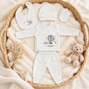 Set nou-nascut 5 piese din bumbac alb cu balon cu aer cald, pantaloni cu botosei integrati - Img 2