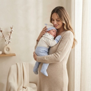 Set nou-nascut 5 piese din bumbac alb si bleu cu ursulet Mummy si pantaloni cu botosei integrati - Img 2