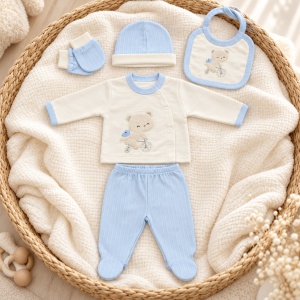 Set nou-nascut 5 piese din bumbac alb si bleu cu ursulet, pantaloni cu botosei integrati