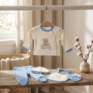 Set nou-nascut 5 piese din bumbac alb si bleu cu ursulet pe scuter, pantaloni cu botosei