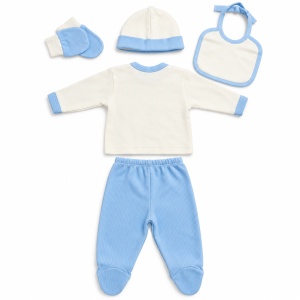 Set nou-nascut 5 piese din bumbac alb si bleu cu ursulet pe scuter, pantaloni cu botosei - Img 5
