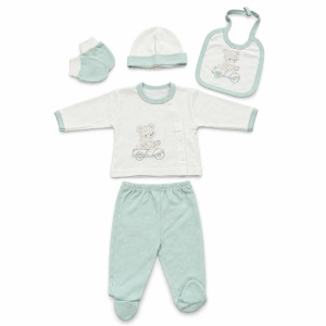 Set nou-nascut 5 piese din bumbac alb si verde menta cu ursulet pe scuter si pantaloni cu botosei - Img 3