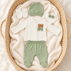 Set nou nascut 5 piese din bumbac cu ursulet si papion, verde salvie si alb - Img 3