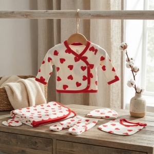 Set nou nascut 7 piese din bumbac crem cu inimioare rosii, body, pantalon si paturica