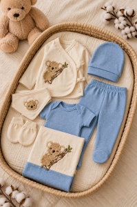 Set nou nascut 7 piese din bumbac organic albastru cu paturica, body si imprimeu koala