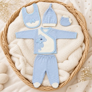 Set nou-nascut baiat 5 piese bleu cu ursulet, pantaloni cu botosei integrati