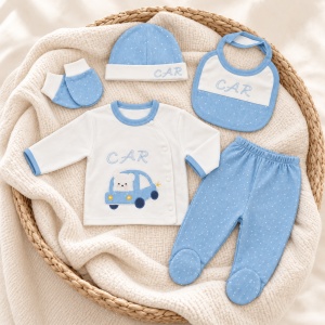 Set nou-nascut baiat 5 piese din bumbac alb si bleu cu masinuta, pantaloni cu botosei
