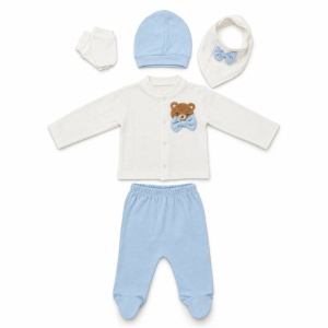Set nou nascut baieti 5 piese din bumbac alb si bleu cu ursulet si papion - Img 3