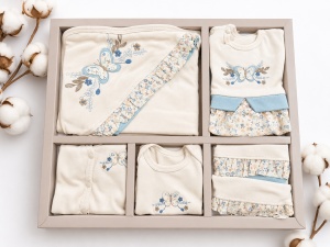 Set nou nascut fetita 10 piese 100% bumbac, bleu ivoire, fluturas, paturica inclusa - Img 3