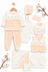 Set nou nascut fetita 10 piese 100% bumbac, piersica, paturica, body, vestuta - Img 3