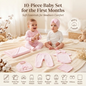 Set nou nascut fetita 10 piese bumbac, roz, dantela, paturica, body, salopeta si accesorii - Img 8