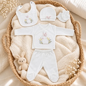 Set nou-nascut fetita 5 piese bumbac alb cu iepuras si pantaloni cu botosei integrati