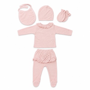 Set nou-nascut fetita 5 piese bumbac roz cu fundite si pantaloni cu botosei integrati - Img 4