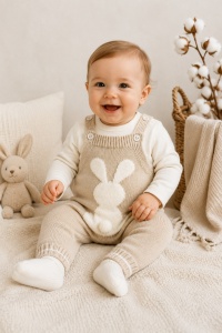 Set pentru bebelusi cu salopeta tricotata bej model iepuras si bluza alba din bumbac