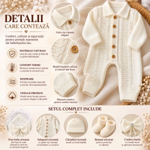 Set premium 4 piese pentru bebe fetita din lana de oaie cu port-bebe tricotat, salopeta, caciulita, botosei - Img 3