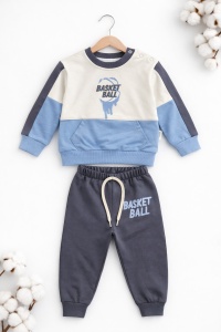 Set trening bebe baieti 2 piese bumbac compleu sport basket ball albastru gri - Img 2