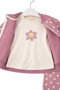 Set trening fete 3 piese roz prafuit cu buline jacheta bluza pantaloni - Img 3