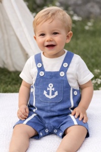 Set vara bebe 2 piese salopeta cu bretele si tricou bumbac model marin
