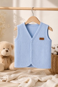 Vesta bebe bleu din bumbac waffle, cu capse, usoara si confortabila, detaliu material si finisaje