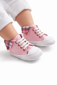 Adidasi bebelusi roz cu siret talpa flexibila guler carouri stil sport casual - Img 2