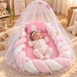 Baby nest cu baldachin 60x80 cm si pernuta, roz, model Stelute si Norisori, pentru nou nascuti