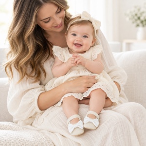 Balerini bebe fete crem cu funda alba si bareta, pantofiori eleganti - Img 2