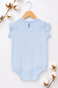 Body bebe bleu din bumbac cu model ajurat cu maneca scurta - Img 3