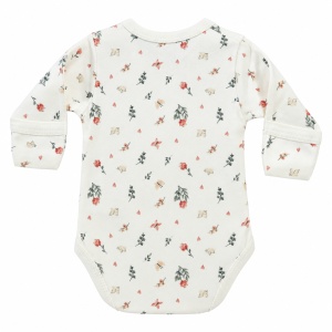 Body bebe alb crem cu maneca lunga si imprimeu floral, fotografie de produs pe fundal alb