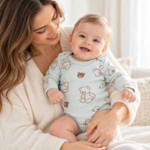 Body bebe din bumbac bleu verzui cu ursuleti maro, maneca lunga si capse pe umeri