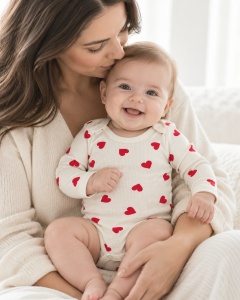 Body bebe din bumbac crem cu inimioare rosii, maneca lunga si capse pe umeri