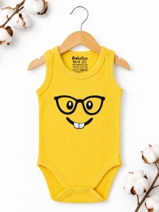 Body bebe galben bumbac fara maneci imprimeu emoji ochelari - Img 4