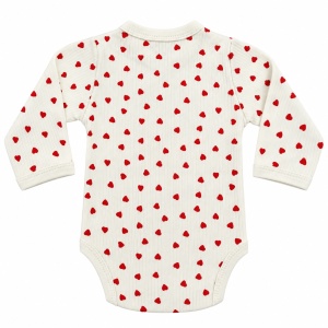Body petrecut bebe din bumbac crem cu inimioare rosii, maneca lunga - Img 4