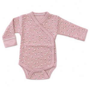 Body petrecut bebe fetita din bumbac roz pudrat cu floricele si maneca lunga - Img 2
