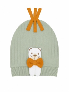 Caciulita bebe verde salvie cu ursulet si fundita decorativa unisex nou nascut - Img 2