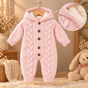 Combinezon bebe din lana naturala roz cu gluga, imblanit complet, model tricotat - Img 5