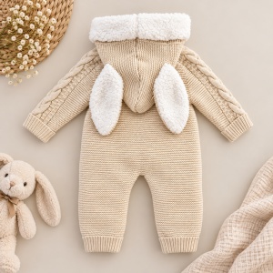 Combinezon bebe tricotat premium cu interior imblanit, gluga cu urechiuse si model impletit crem, prezentare in decor