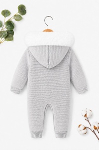 Combinezon bebe unisex gri deschis tricotat, imblanit integral, cu gluga si blanita premium - Img 5