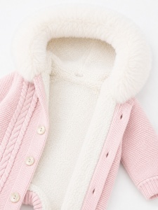 Combinezon tricotat imblanit bebe fetita roz cu gluga imblanita, salopeta de iarna premium - Img 3